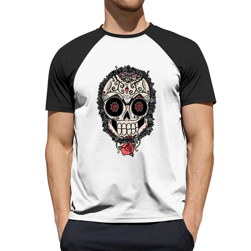 Skeleton Dia De Los Muertos Hearts Roses Design Graphic Tee Shirt Men Short Sleeve T-Shirt