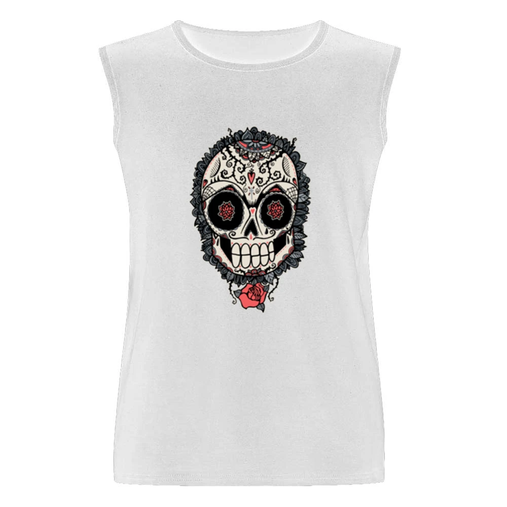 Skeleton Dia De Los Muertos Hearts Roses Design Graphic Tee Shirt Men Sleeveless T-Shirt