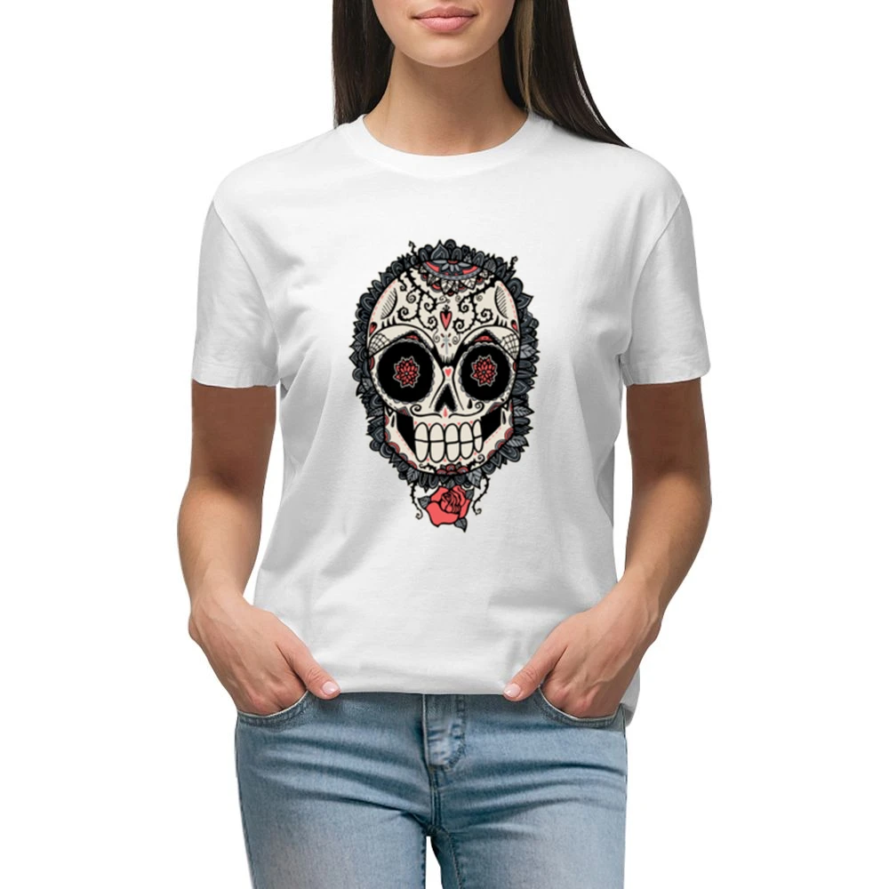 Skeleton Dia De Los Muertos Hearts Roses Design Graphic Tee Shirt Premium Women Ladies T-shirt