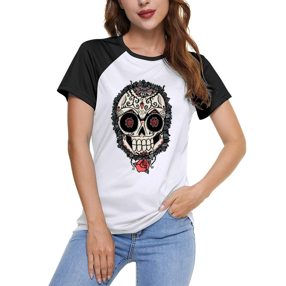 Skeleton Dia De Los Muertos Hearts Roses Design Graphic Tee Shirt Women Ladies Short Sleeve T-Shirt