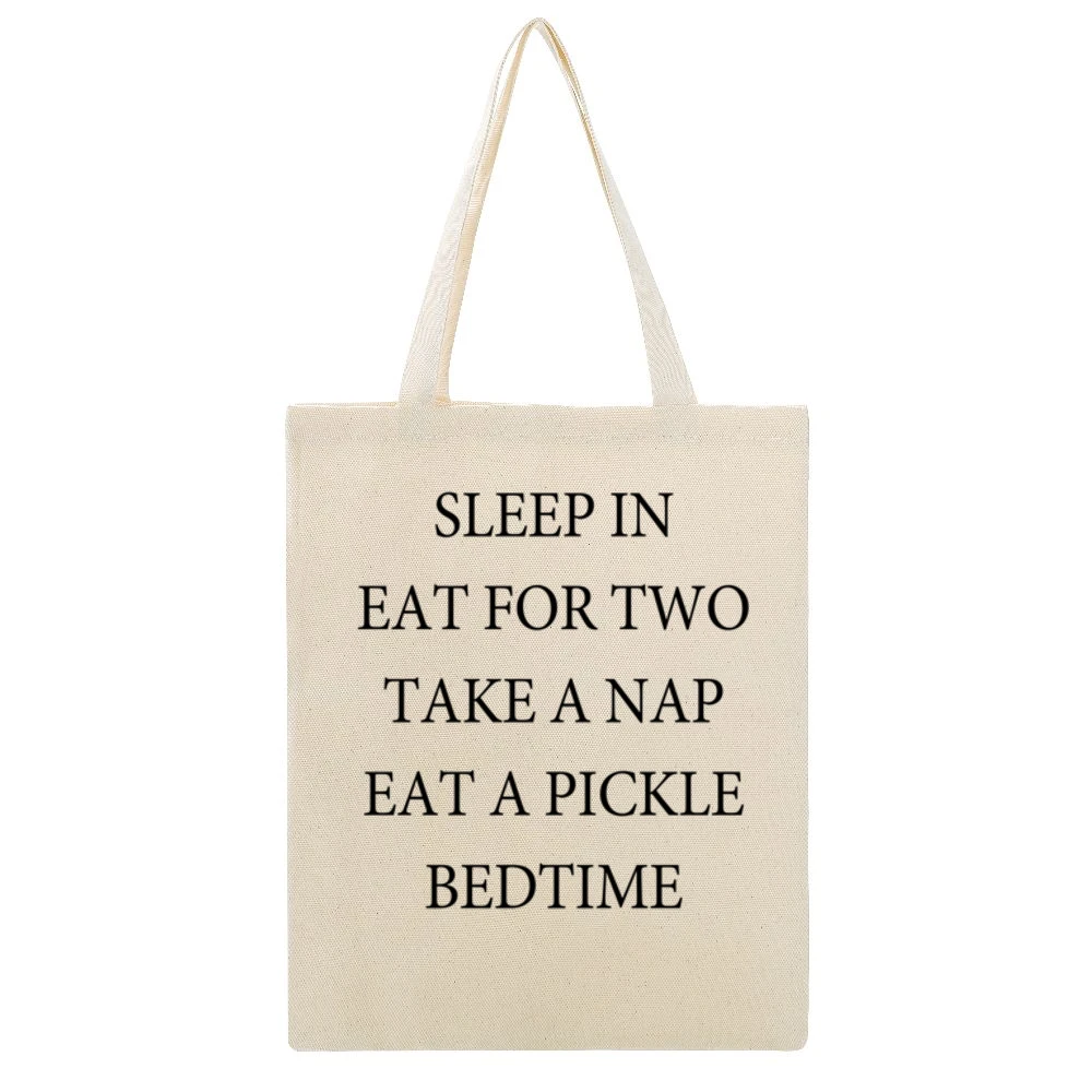 Sleep In Eat For Two Take A Nap Eat A Pickle Funny Pregnant Maternity Beige Canvas Tote Shopping Bag