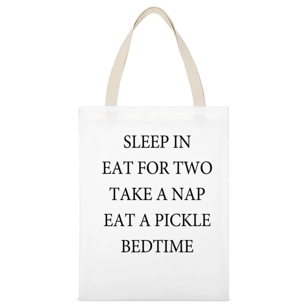 Sleep In Eat For Two Take A Nap Eat A Pickle Funny Pregnant Maternity White Canvas Tote Shopping Bag