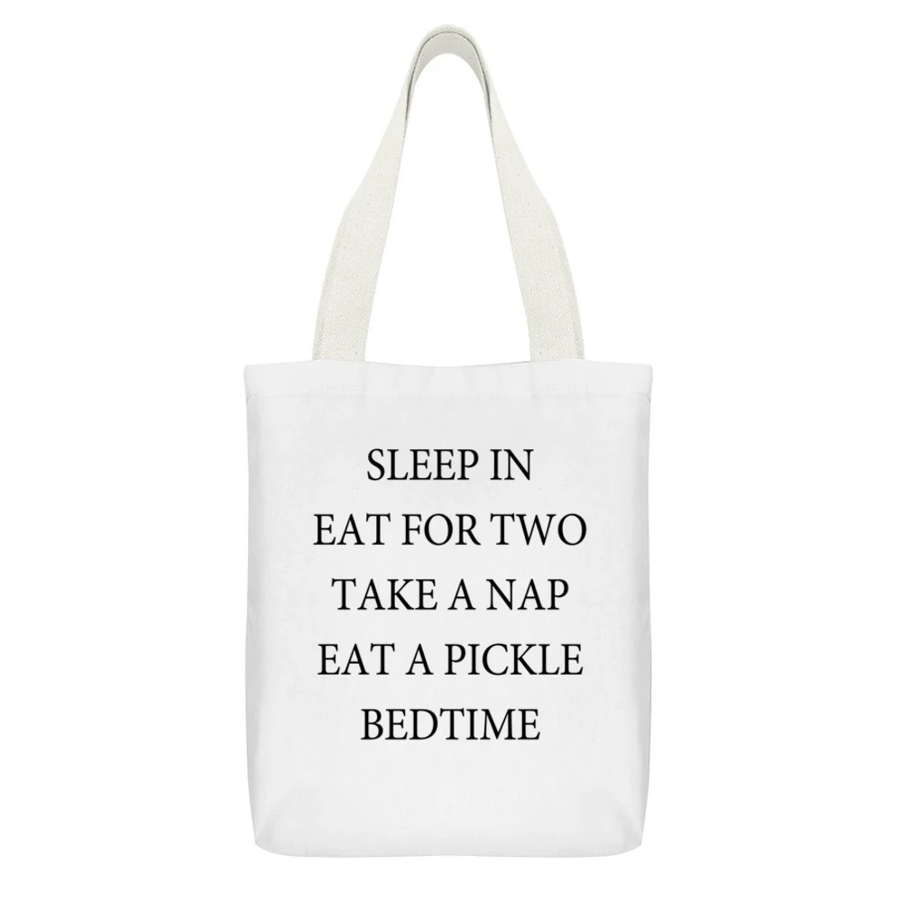 Sleep In Eat For Two Take A Nap Eat A Pickle Funny Pregnant Maternity White Canvas Tote Shopping Bag With Interior Pocket