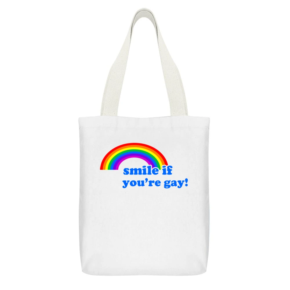 Smile If You Are Gay Fun LGBT Graphic White Canvas Tote Shopping Bag With Interior Pocket