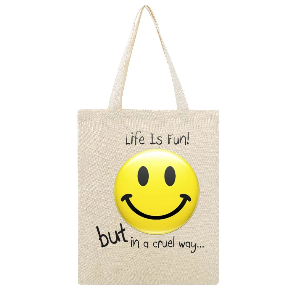 Smiley - Life is Fun but n the cruel way Beige Canvas Tote Shopping Bag