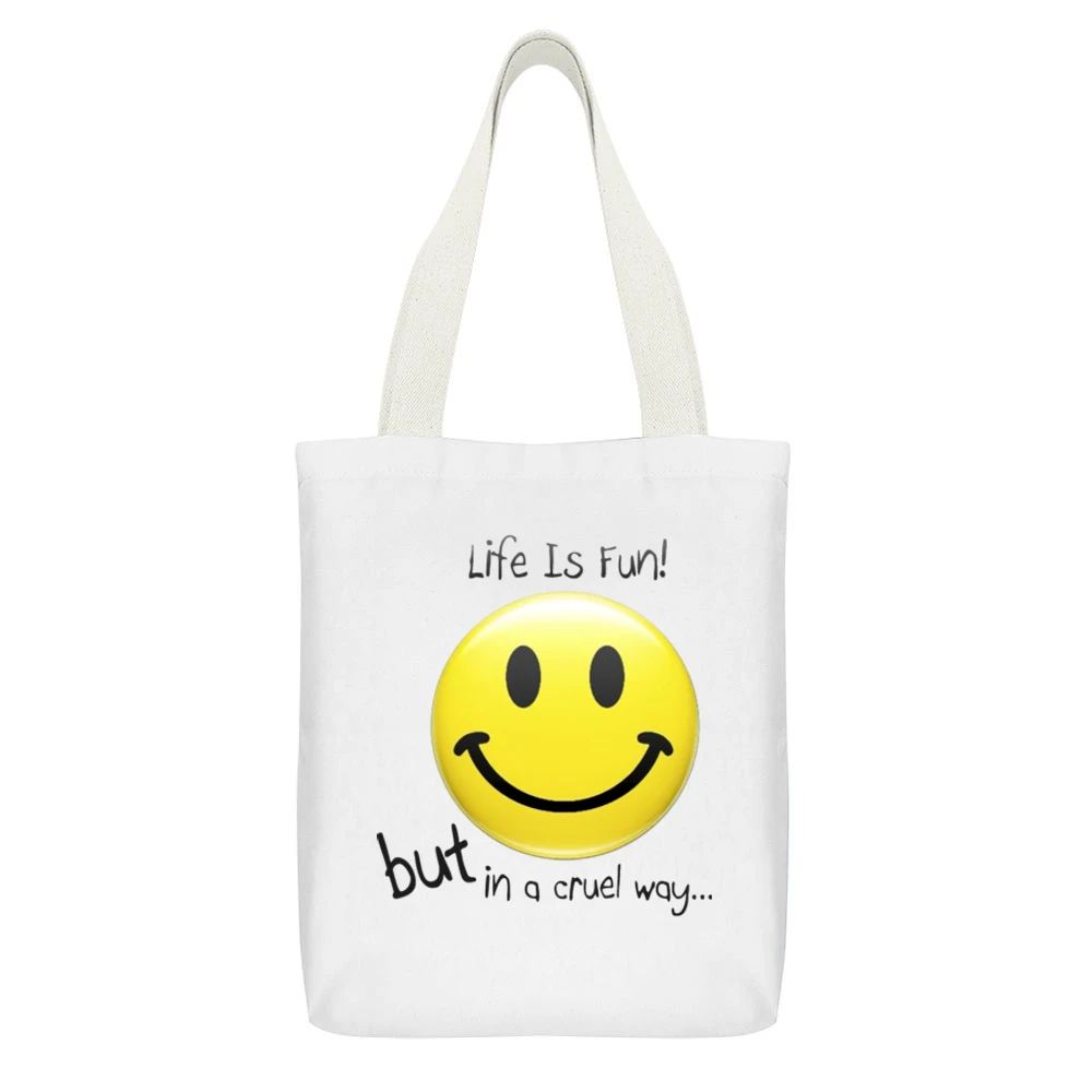 Smiley - Life is Fun but n the cruel way White Canvas Tote Shopping Bag With Interior Pocket
