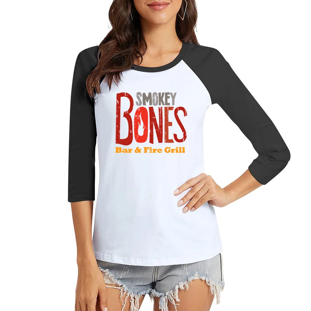 Smokey Bones Fast Food Restaurant Distressed Look Women Ladies 3-4 Sleeve T-Shirt