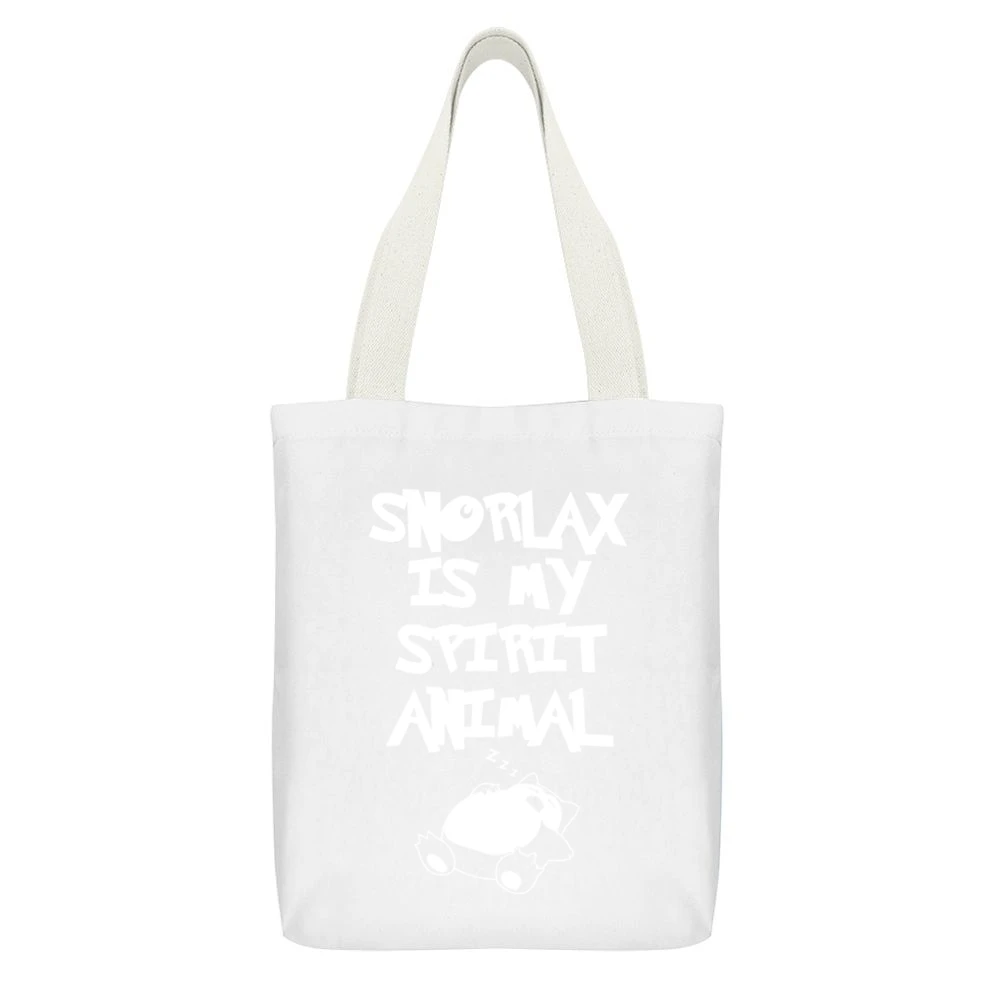Snorlax Is My Spirit Animal Funny Pokemon Go Apparel Graphic White Canvas Tote Shopping Bag With Interior Pocket