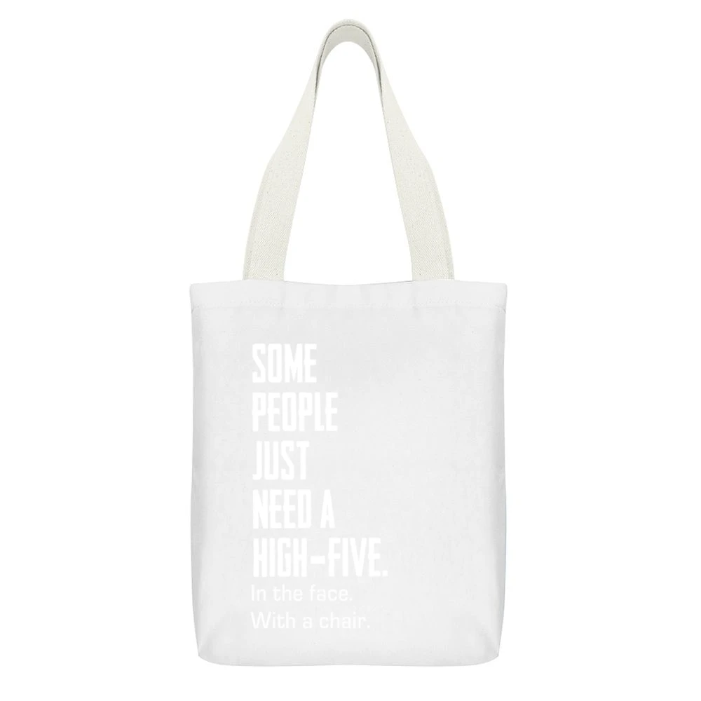 Some People Just Need A High Five Funny Tee Shirt White Canvas Tote Shopping Bag With Interior Pocket