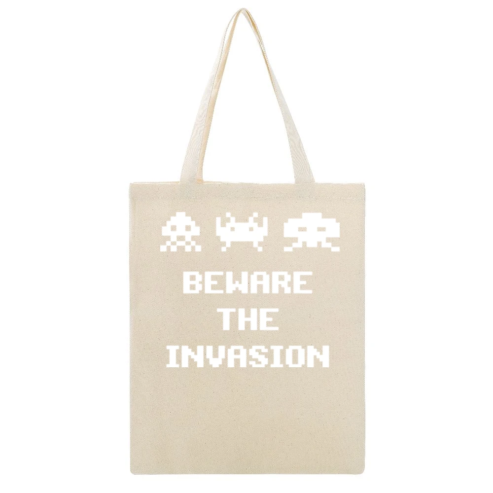 Space Invaders Beware The Invasion Beige Canvas Tote Shopping Bag
