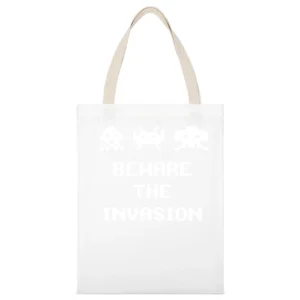 Space Invaders Beware The Invasion White Canvas Tote Shopping Bag