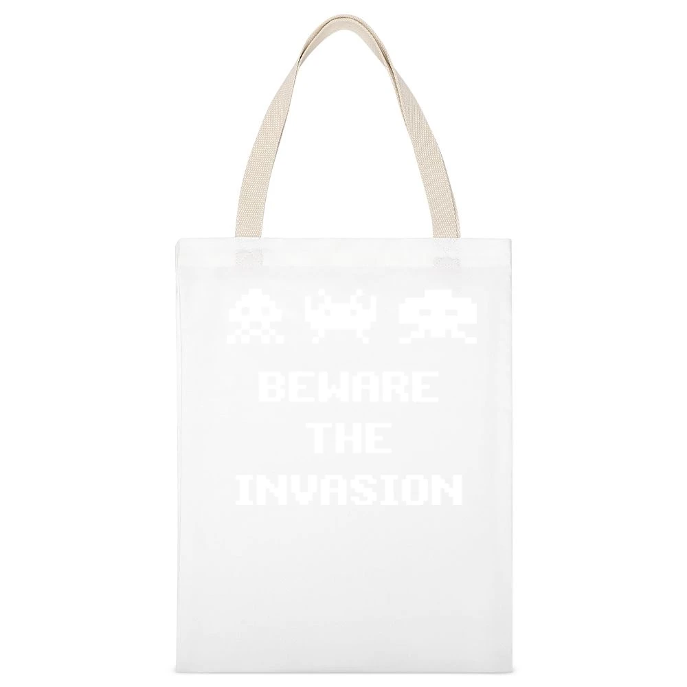 Space Invaders Beware The Invasion White Canvas Tote Shopping Bag