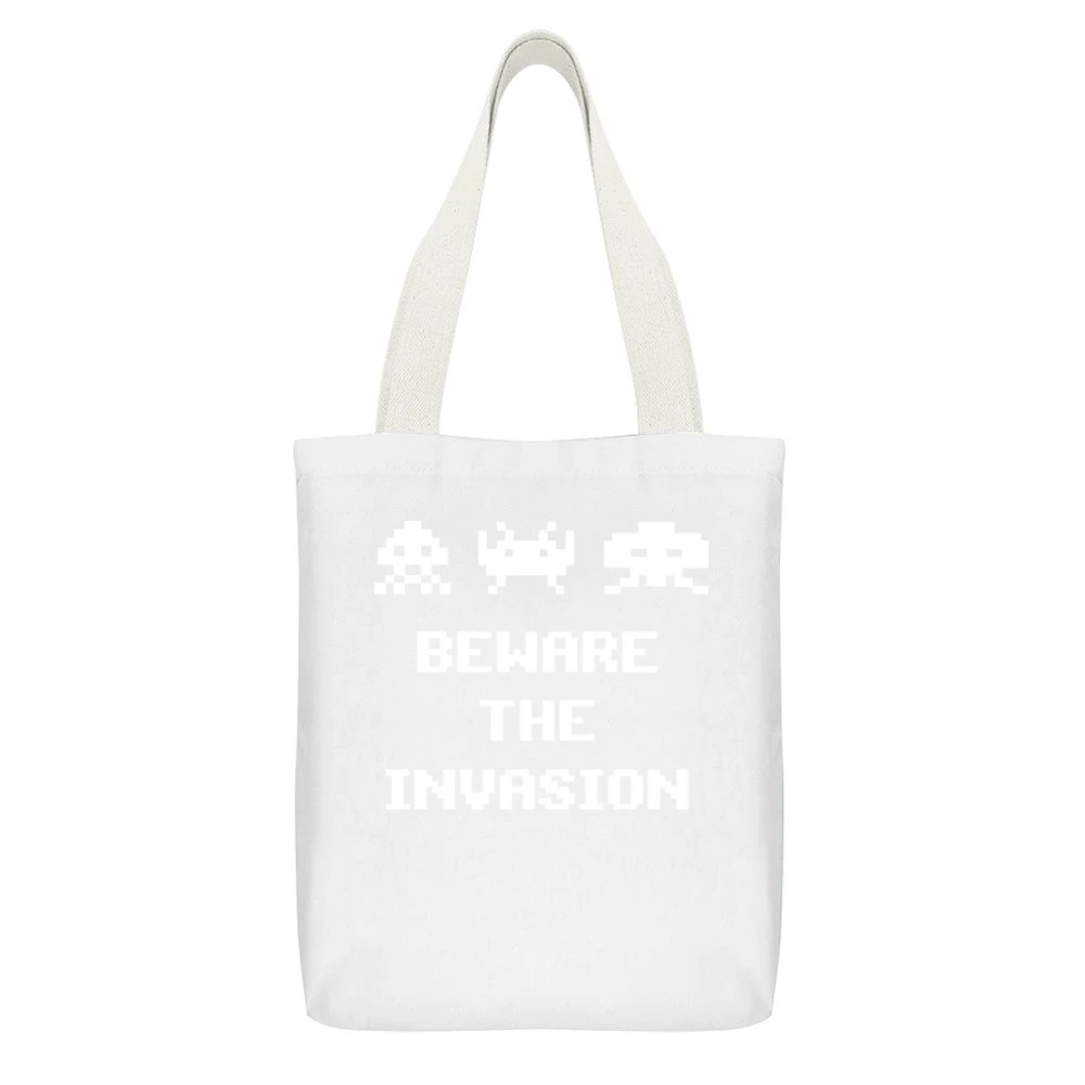 Space Invaders Beware The Invasion White Canvas Tote Shopping Bag With Interior Pocket
