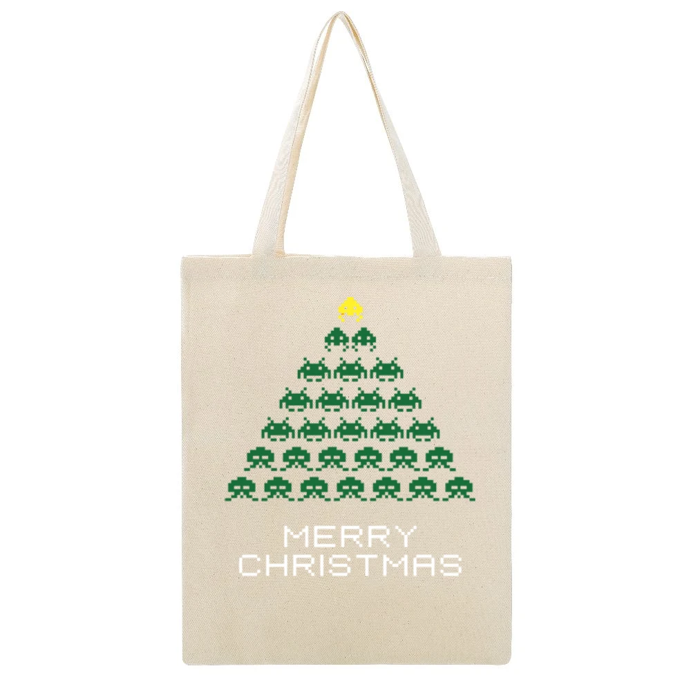 Space Invaders Merry Christmas Funny Retro Video Game Fan Holiday Red Beige Canvas Tote Shopping Bag