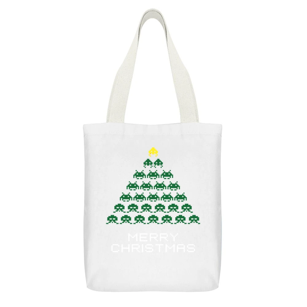 Space Invaders Merry Christmas Funny Retro Video Game Fan Holiday Red White Canvas Tote Shopping Bag With Interior Pocket