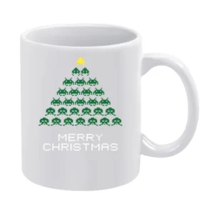 Space Invaders Merry Christmas Funny Retro Video Game Fan Holiday Red White Mug