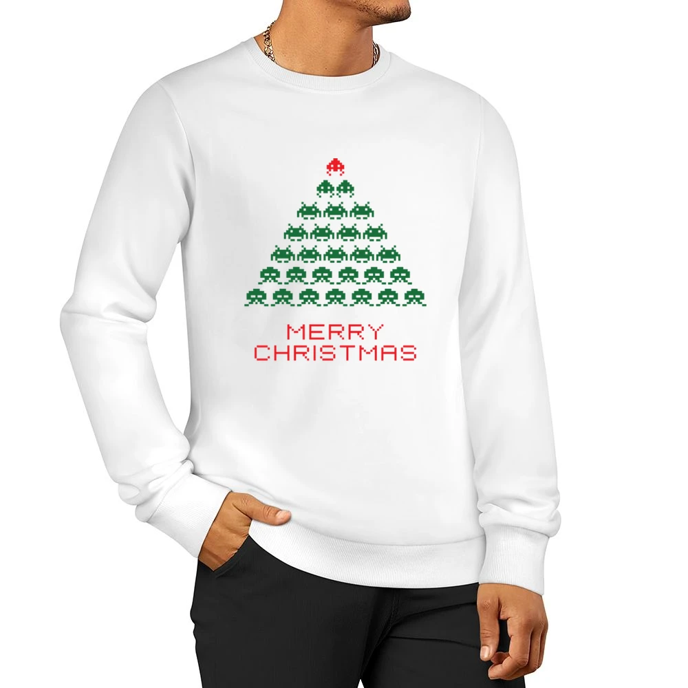 Space Invaders Merry Christmas Funny Retro Video Game Fan Holiday T Sh Men Pullover Sweatshirt