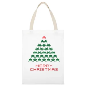 Space Invaders Merry Christmas Funny Retro Video Game Fan Holiday T Sh White Canvas Tote Shopping Bag