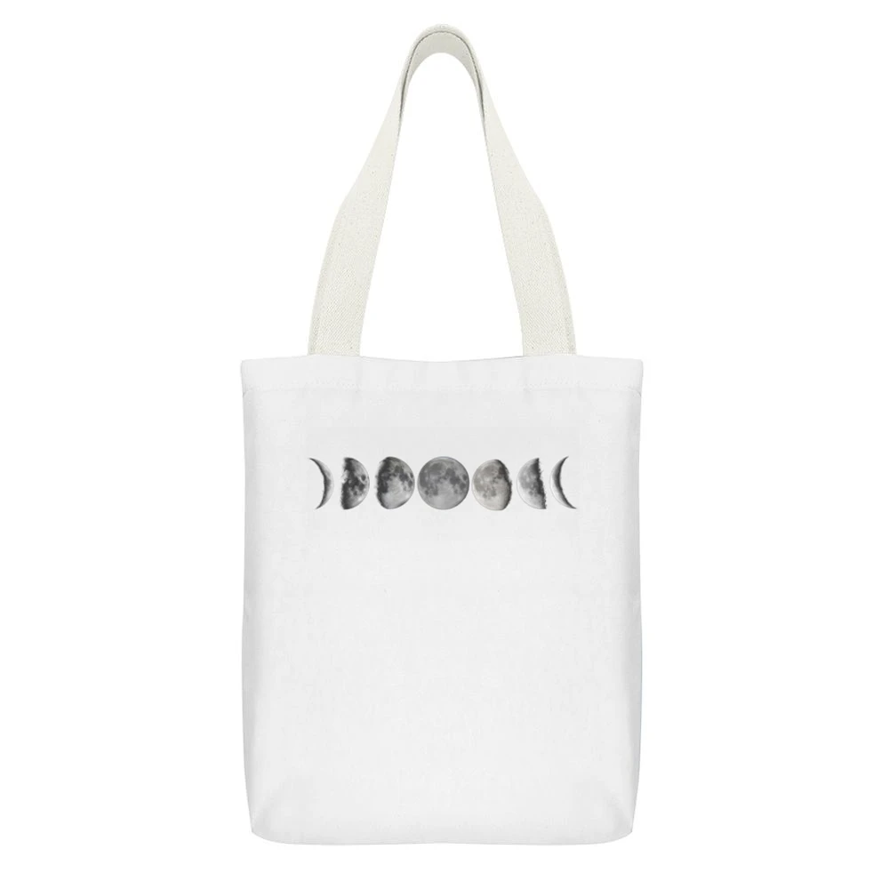 Stages Of The Moon Fun Graphic Tee Shirt White Canvas Tote Shopping Bag With Interior Pocket