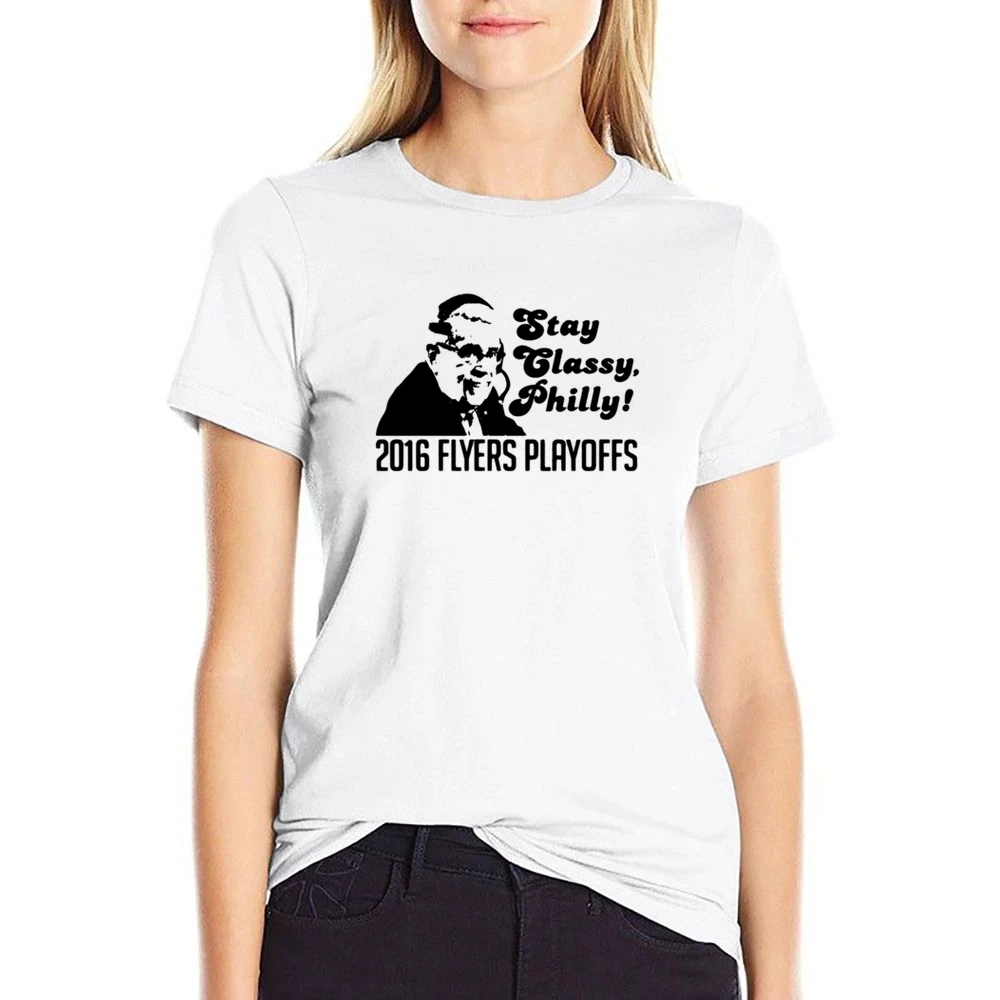 Stay Classy Philly Fun 2016 Philadelphia Hockey Playoffs Lou Nolan Gra US Size Women Ladies T-shirt