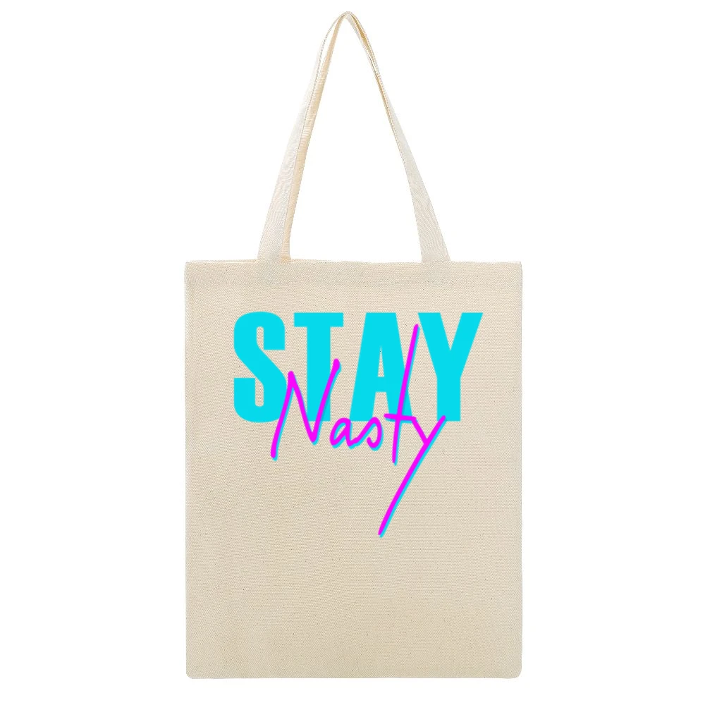 Stay Nasty Fun Popular Political Retro 80s Vintage Style Graphic Tee S Beige Canvas Tote Shopping Bag