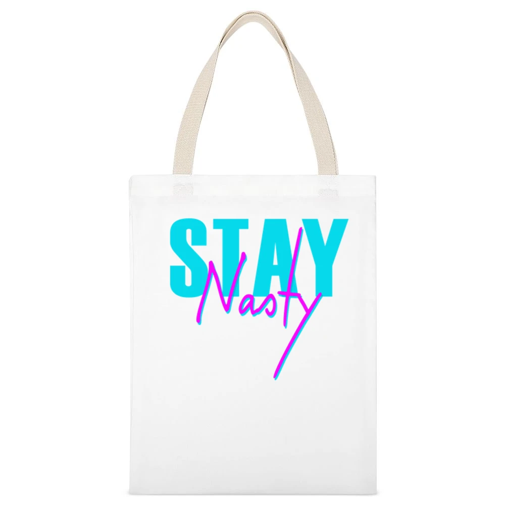 Stay Nasty Fun Popular Political Retro 80s Vintage Style Graphic Tee S White Canvas Tote Shopping Bag