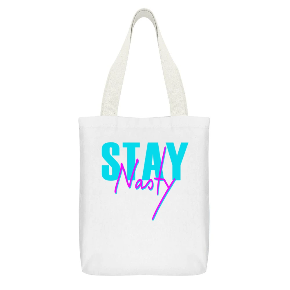 Stay Nasty Fun Popular Political Retro 80s Vintage Style Graphic Tee S White Canvas Tote Shopping Bag With Interior Pocket