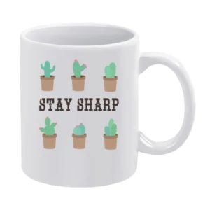 Stay Sharp Fun Cute Cactus Graphic TShirt White Mug