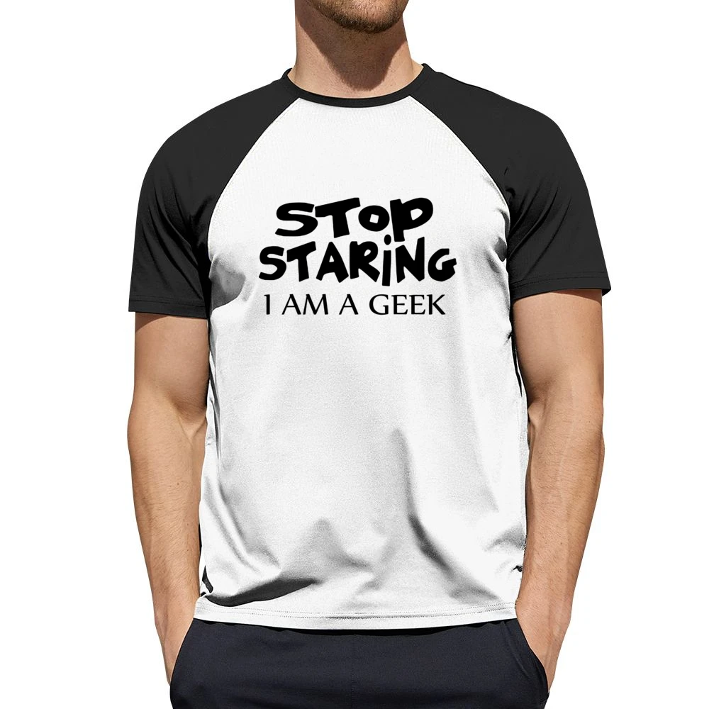 Stop Staring I am Geek black text design Men Short Sleeve T-Shirt