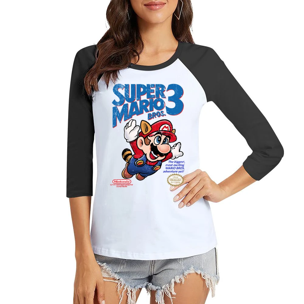 Super Mario Bros 3 Nes Nintendo Old School Retro Video Game Fan Distre Women Ladies 3-4 Sleeve T-Shirt