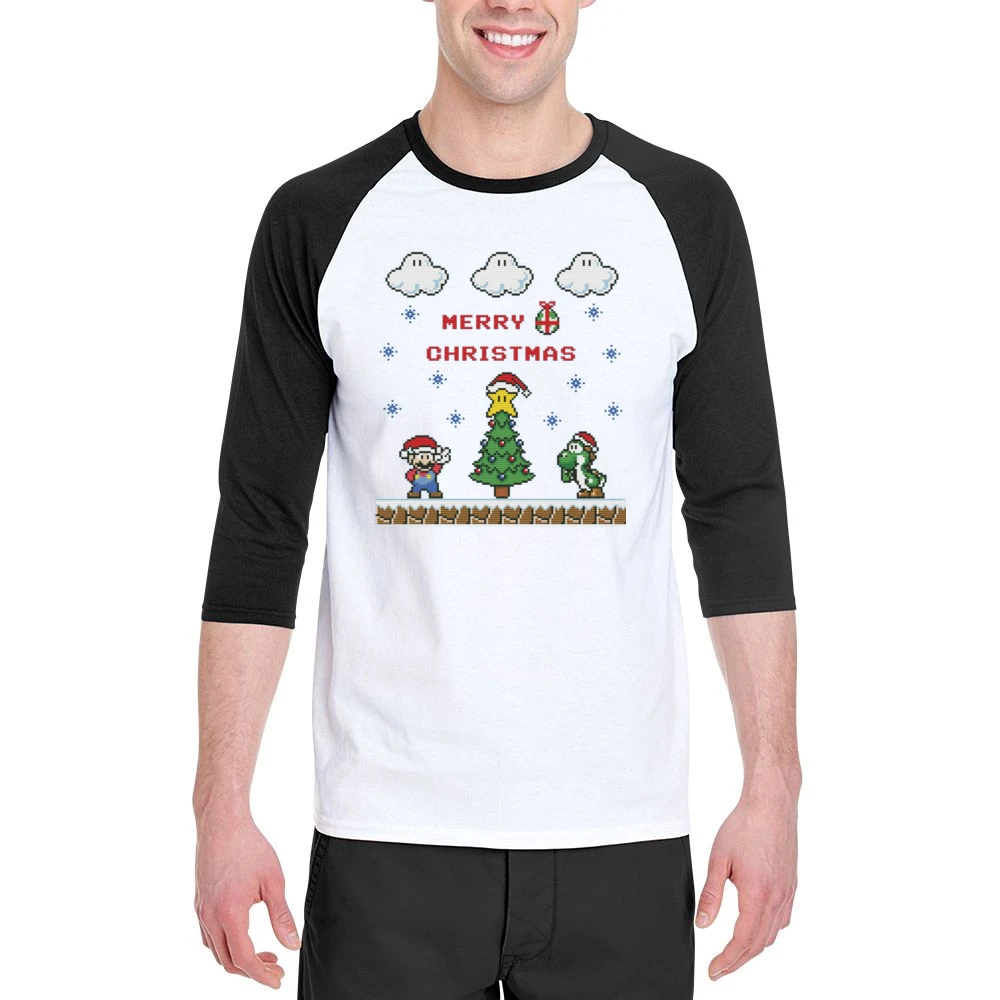 Super Mario Yoshi Merry Christmas Retro Video Game Fan Holiday Red T S Men 3/4 Sleeve T-Shirt