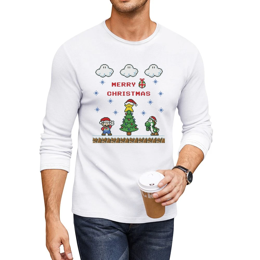 Super Mario Yoshi Merry Christmas Retro Video Game Fan Holiday Red T S Men CrewNeck Long Sleeve T-Shirt
