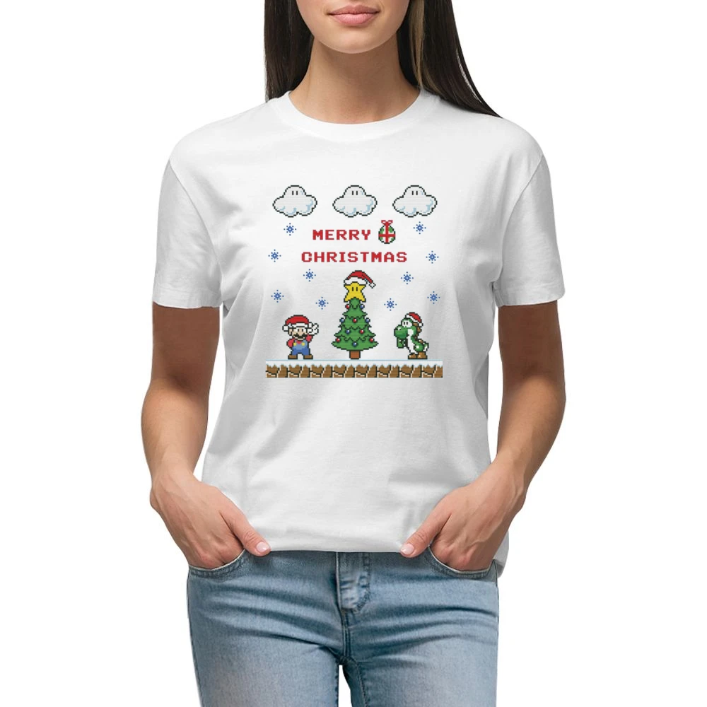 Super Mario Yoshi Merry Christmas Retro Video Game Fan Holiday Red T S Premium Women Ladies T-shirt