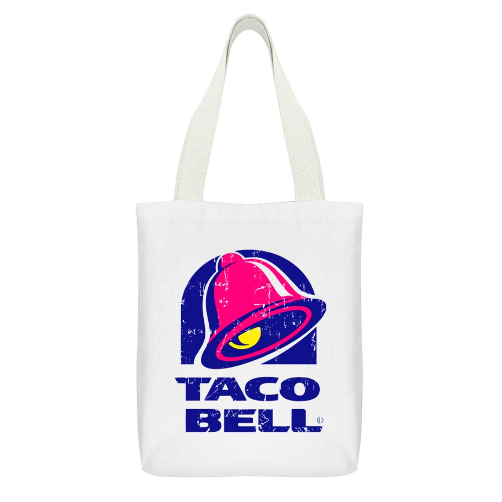Taco Bell Fast Food Restaurant Distressed Look White Canvas Tote Shopping Bag With Interior Pocket