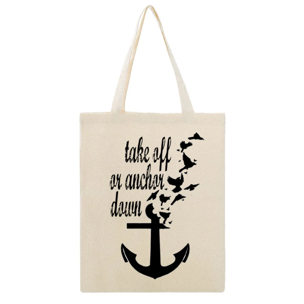 Take Off Or Anchor Down Flying Birds Graphic Tee Shirt Beige Canvas Tote Shopping Bag