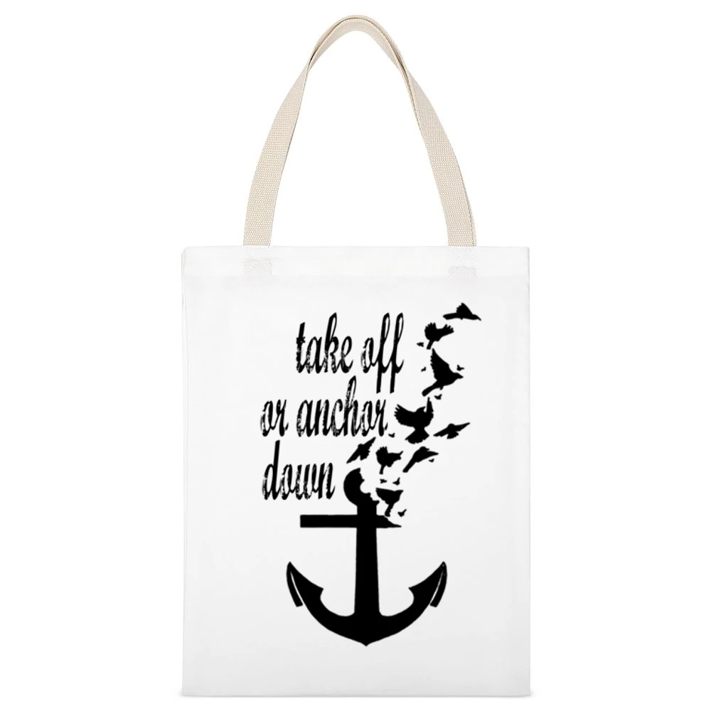 Take Off Or Anchor Down Flying Birds Graphic Tee Shirt White Canvas Tote Shopping Bag