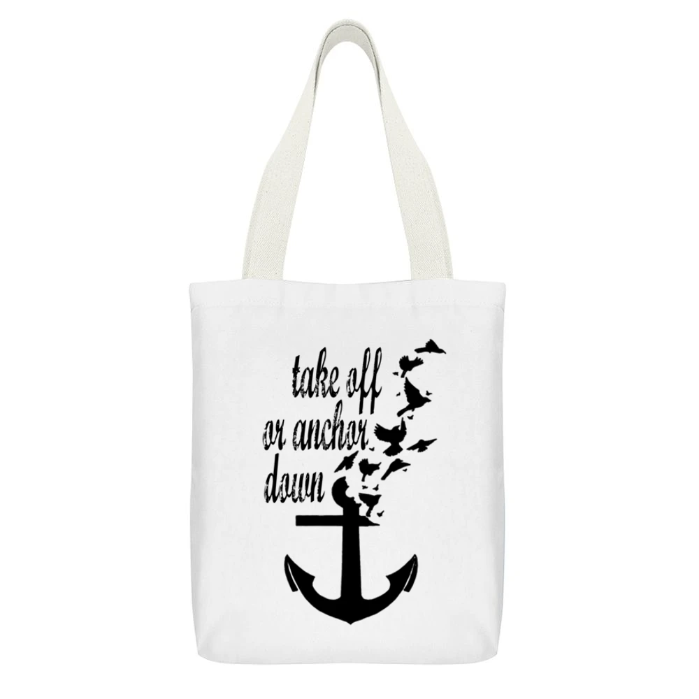 Take Off Or Anchor Down Flying Birds Graphic Tee Shirt White Canvas Tote Shopping Bag With Interior Pocket