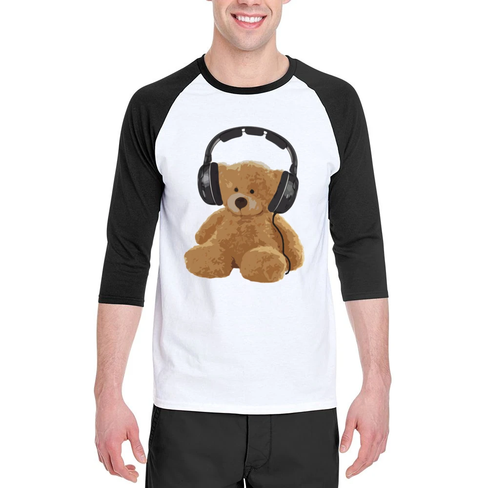 Teddy Bear With Headphones Fun Music Lover Graphic Men 3/4 Sleeve T-Shirt