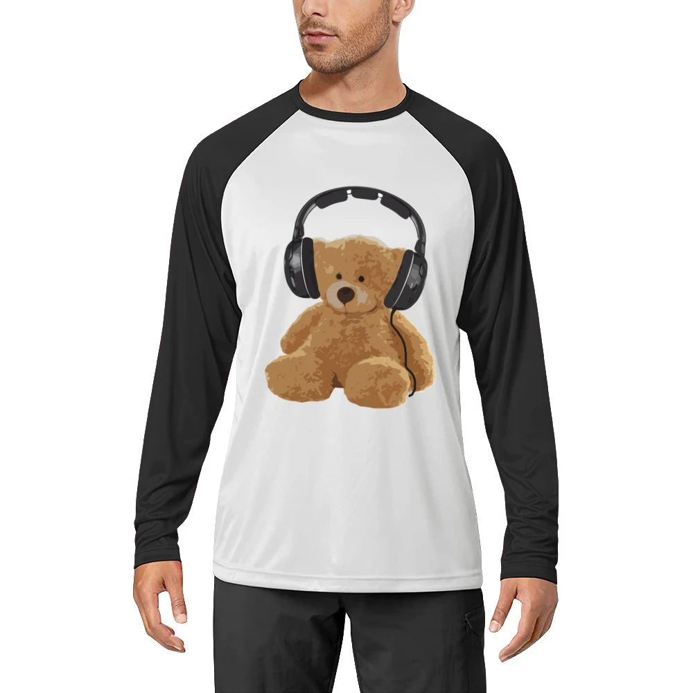 Teddy Bear With Headphones Fun Music Lover Graphic Men Long Sleeve T-Shirt