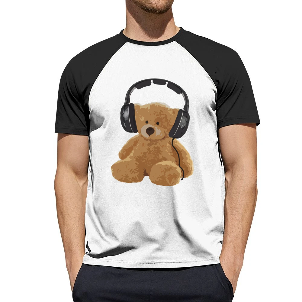 Teddy Bear With Headphones Fun Music Lover Graphic Men Short Sleeve T-Shirt