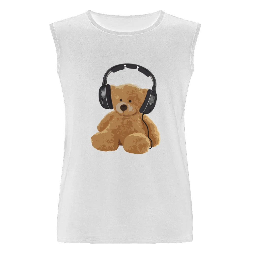 Teddy Bear With Headphones Fun Music Lover Graphic Men Sleeveless T-Shirt