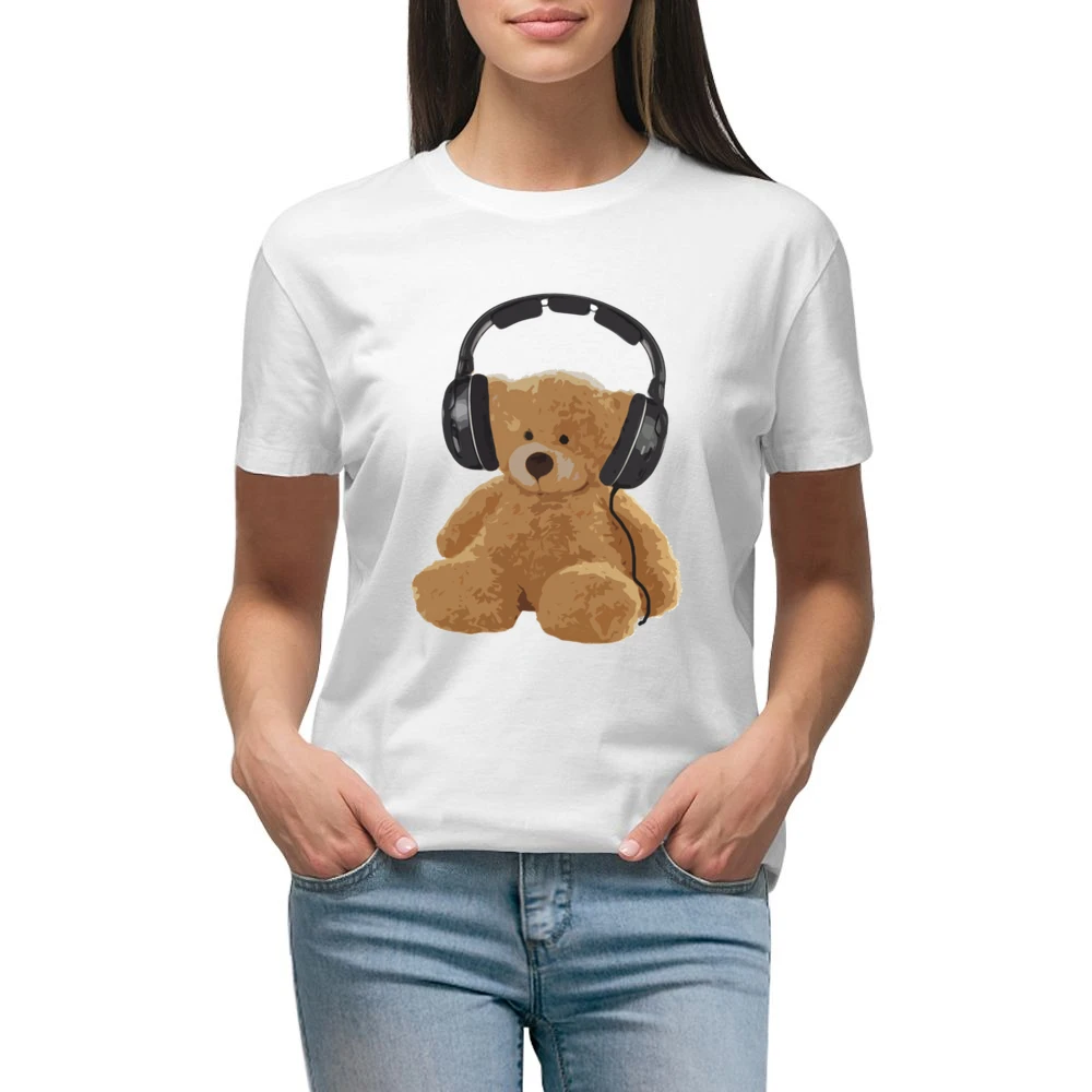 Teddy Bear With Headphones Fun Music Lover Graphic Premium Women Ladies T-shirt
