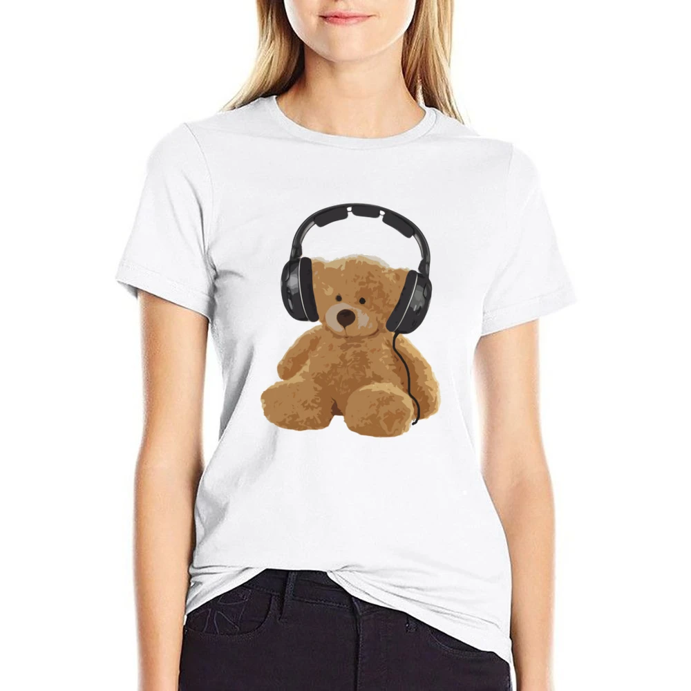 Teddy Bear With Headphones Fun Music Lover Graphic US Size Women Ladies T-shirt