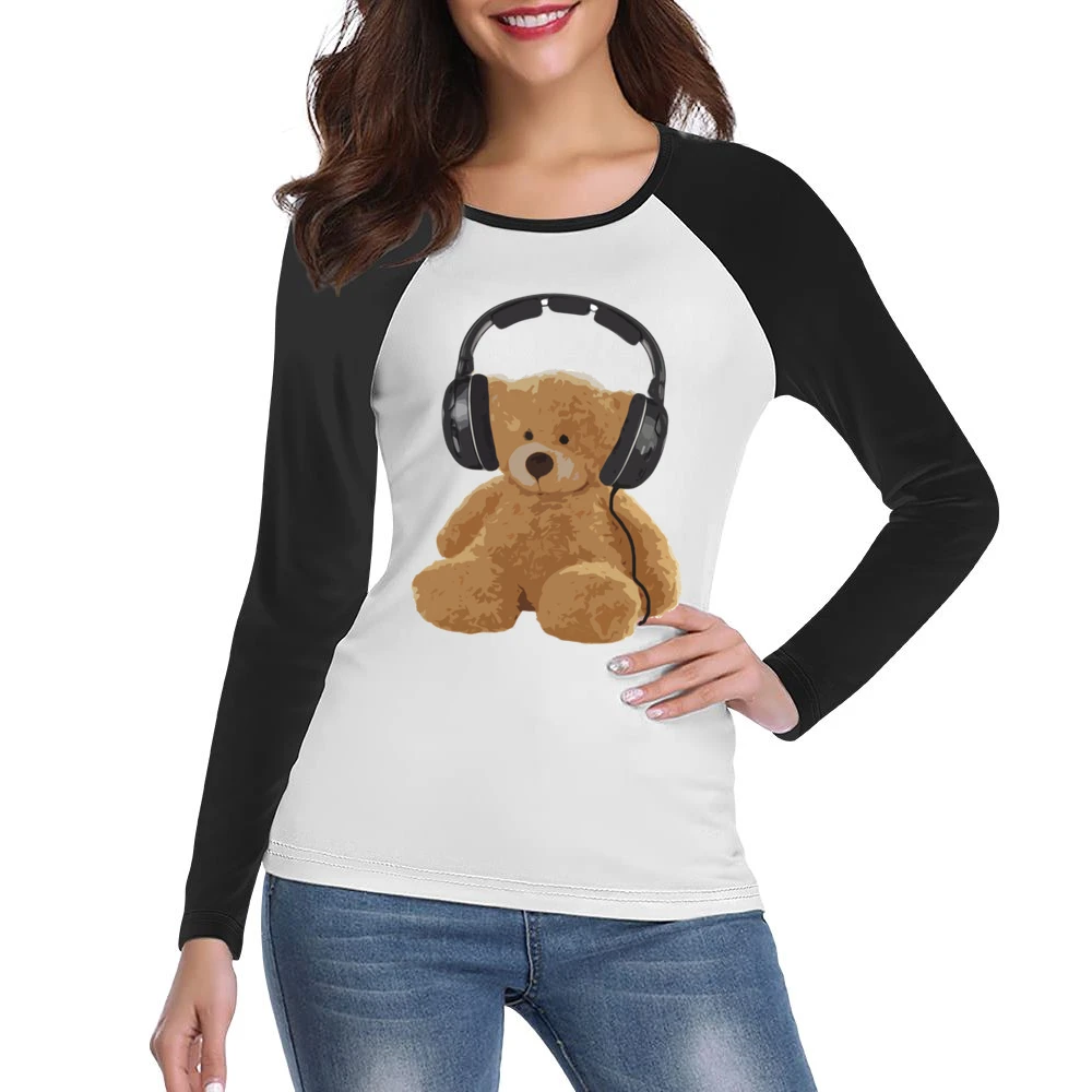 Teddy Bear With Headphones Fun Music Lover Graphic Women Ladies Long Sleeve T-Shirt