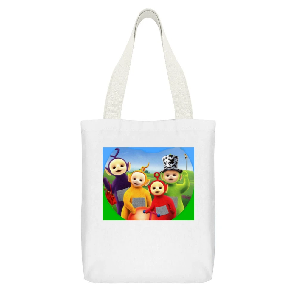 Teletubbies Fun Vintage Cartoon TV Show Graphic White Canvas Tote Shopping Bag With Interior Pocket