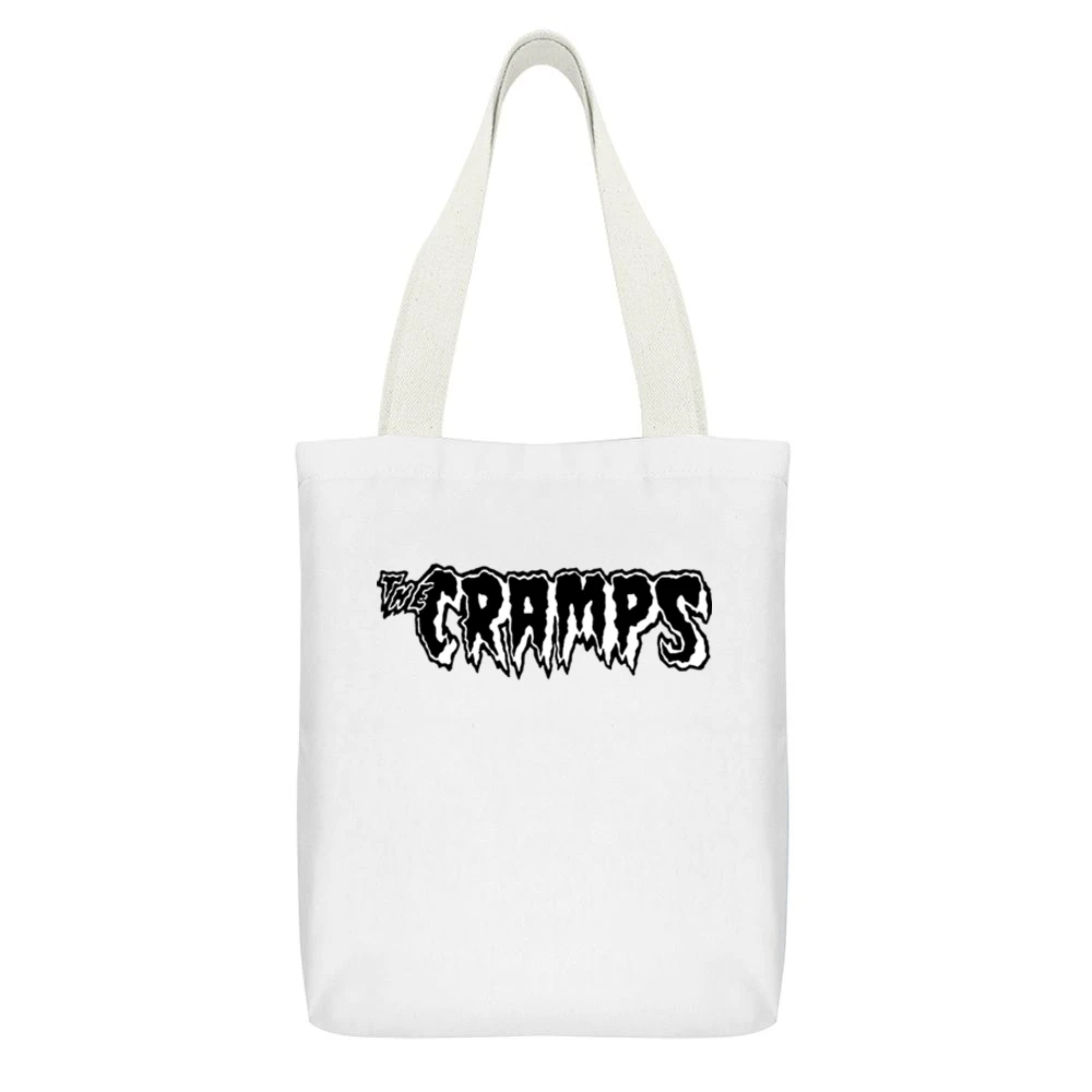 The Cramps Black text logo White Canvas Tote Shopping Bag With Interior Pocket
