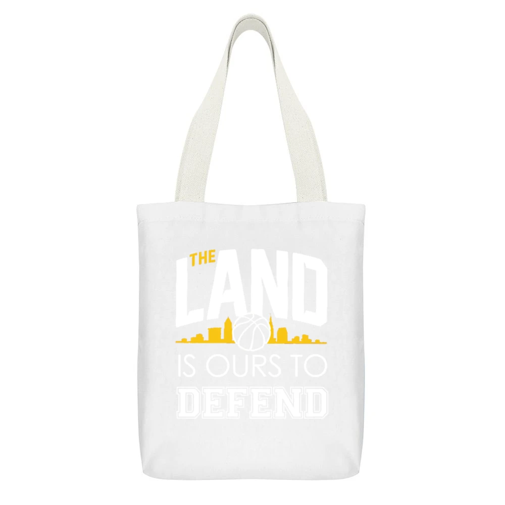 The Land Is Ours To Defend Cool Cleveland Basketball Championship Cavs White Canvas Tote Shopping Bag With Interior Pocket