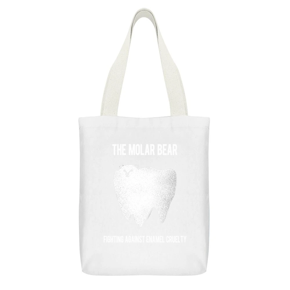 The Molar Bear Funny Enamel Cruelty Graphic Tee Shirt White Canvas Tote Shopping Bag With Interior Pocket