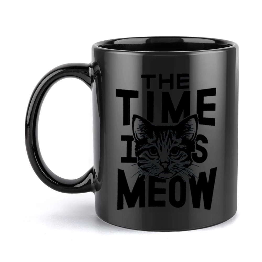 The Time Is Meow Funny Now Cat Lover Graphic Black Mug