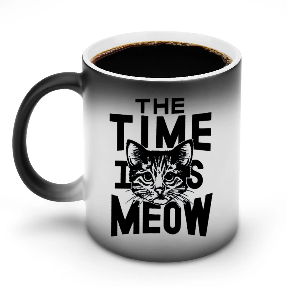 The Time Is Meow Funny Now Cat Lover Graphic Discoloration Mug